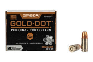 Speer Gold Dot 9mm Hollow Point Ammunition features a 124 grain bullet